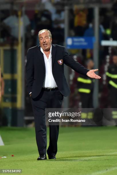 Gian Piero Ventura coach of Salernitana during the Serie B match between Salernitana and Benevento Calcio at Stadio Arechi on September 16, 2019 in...