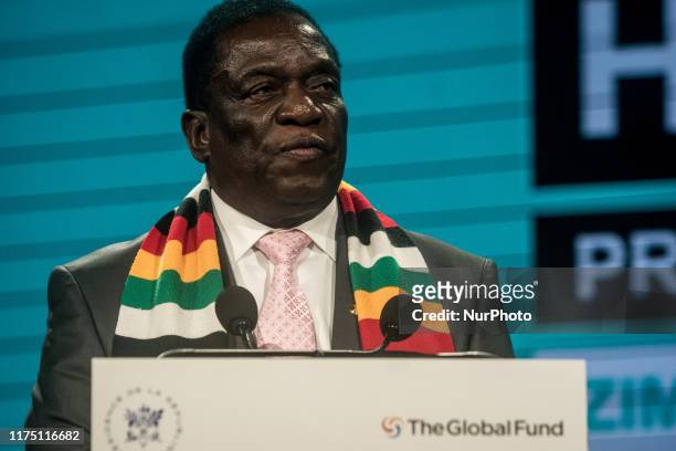 Zimbabwean President Emmerson Mnangagwa delivers a speech at the fundraising day at the Sixth World Fund Conference in Lyon, France, on October 10,...
