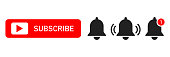 Subscribe red button abd notification bells isolated symbols. Smartphone social media interface. Message bell icon.