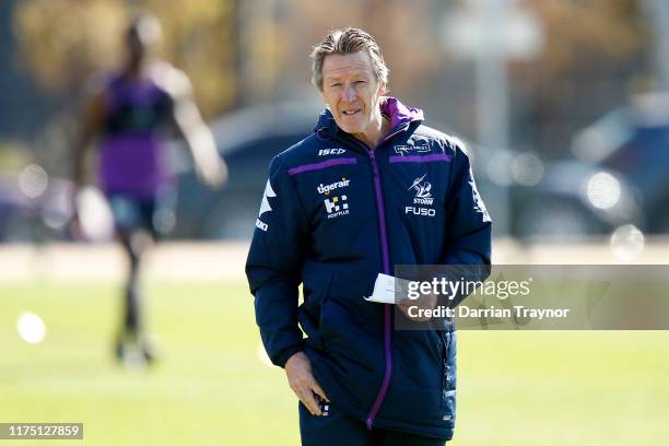 Coach Craig Bellamy looks on during a Melbourne Storm NRL training session at Gosch's Paddock on September 17, 2019 in Melbourne, Australia.