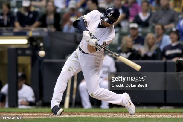 Cory Spangenberg of the Milwaukee Brewers hits a single in the second inning against the San Diego Padres at Miller Park on September 16, 2019 in...