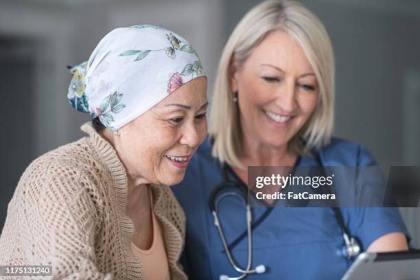 vrouwelijke arts raadpleegt patiënt met kanker - headscarf home stockfoto's en -beelden