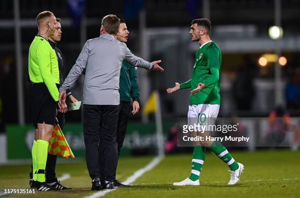 Troy Parrott of Republic of Ireland protests after receiving a red card during the UEFA U21 Championships Qualifier match between the Republic of...