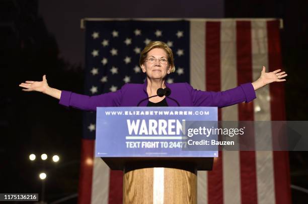 Democratic presidential candidate Sen. Elizabeth Warren speaks during a rally in Washington Square Park on September 16, 2019 in New York City....