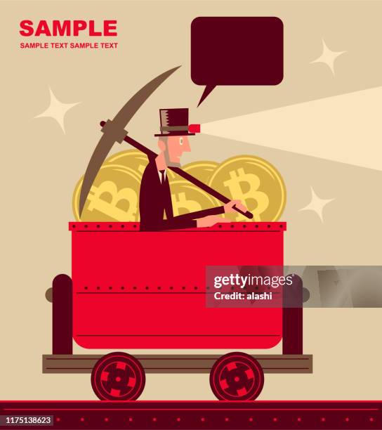 businessman with top hat, pick axe and headlight is riding a mine cart full of bitcoin (cryptocurrency mining) - miner pick stock illustrations