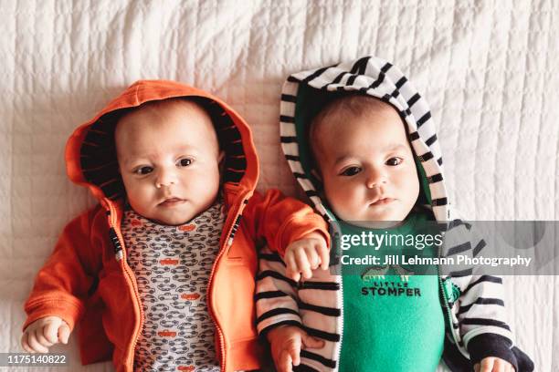 3 month old fraternal twins play on a white bed together - twins boys stockfoto's en -beelden