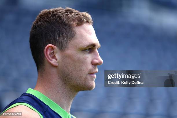 Joel Selwood of the Cats looks on during a Geelong Cats AFL training session at GMHBA Stadium on September 17, 2019 in Geelong, Australia.