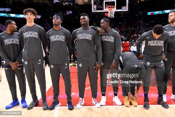 New Orleans Pelicans Zion Williamson with teammates before preseason game vs Atlanta Hawks at State Farm Arena. Atlanta, GA 10/7/2019 CREDIT: Greg...