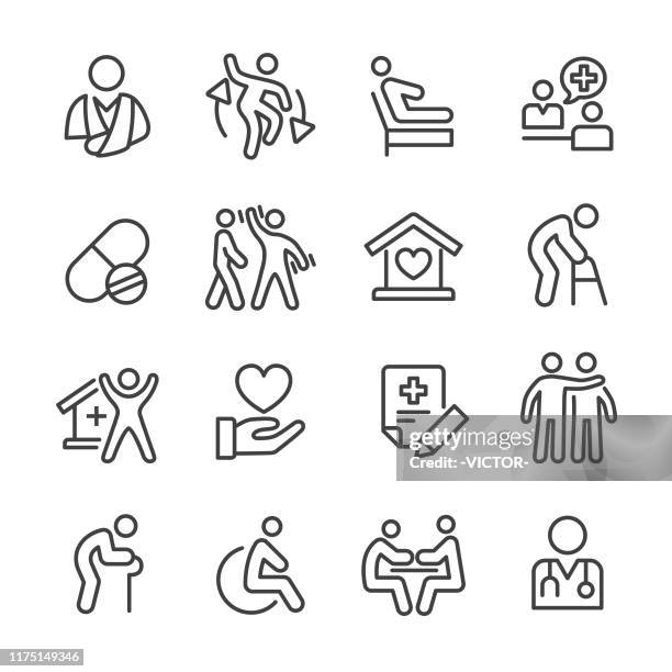 ilustraciones, imágenes clip art, dibujos animados e iconos de stock de iconos de cuidado de la salud en el hogar - serie de líneas - vivienda con asistencia