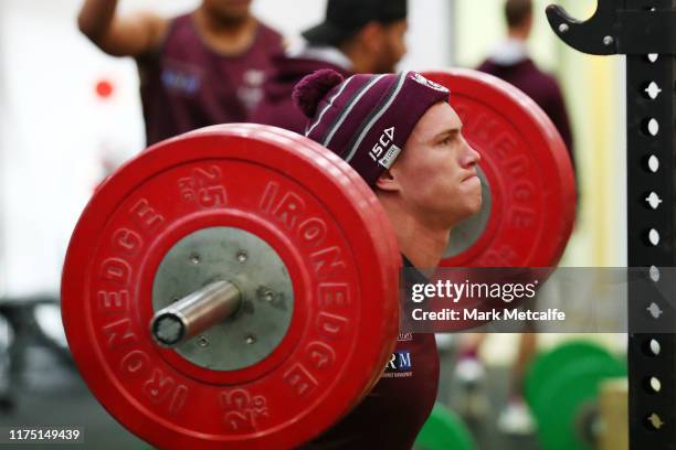 Reuben Garrick lifts weights during a Manly Sea Eagles NRL training session at Sydney Academy of Sport on September 17, 2019 in Sydney, Australia.