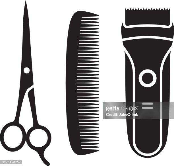 illustrazioni stock, clip art, cartoni animati e icone di tendenza di il taglio dei capelli fornisce sagome - combing