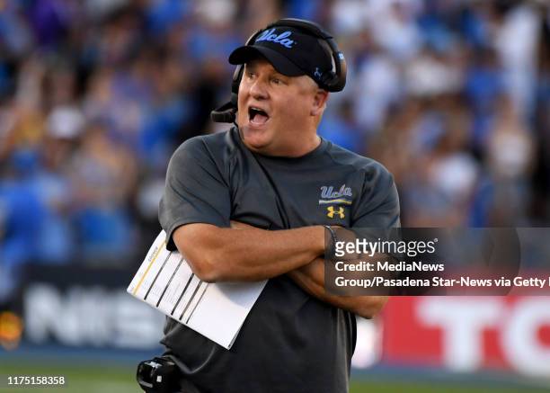 Head coach Chip Kelly of the UCLA Bruins looks on against the Oklahoma Sooners in the first half of a NCAA football game at the Rose Bowl on...