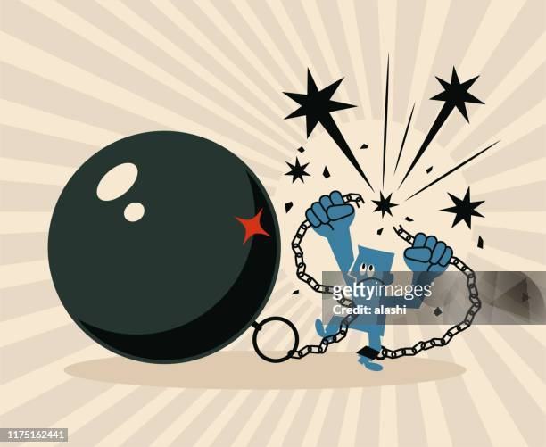 businessman locked in a big iron ball and chain is pulling apart the chain - ball and chain stock illustrations