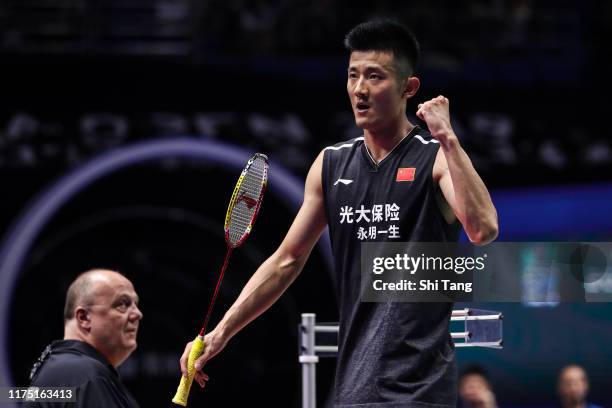 Chen Long of China reacts in the Men's Singles first round match against Lee Zii Jia of Malaysia on day one of the China Open at Olympic Sports...