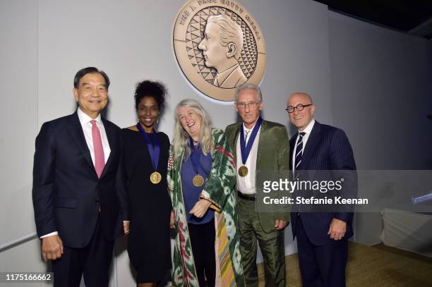 David L. Lee, Lorna Simpson, Mary Beard, Ed Ruscha and J. Paul Getty Trust President and CEO James Cuno attend The J. Paul Getty Medal Dinner 2019 at...