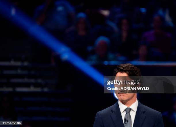 Canada's Prime Minister and Liberal leader Justin Trudeau speaks during the Federal leaders French language debate at the Canadian Museum of History...
