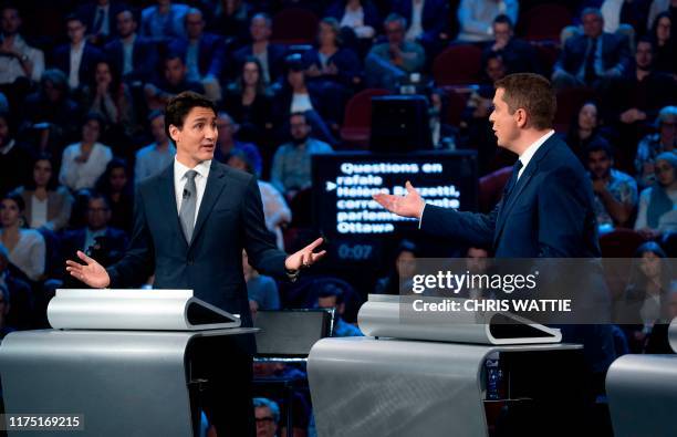 Canada's Prime Minister and Liberal leader Justin Trudeau and Conservative leader Andrew Scheer take part in the Federal leaders French language...