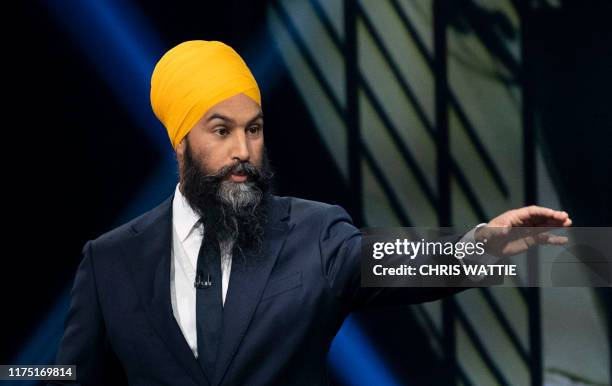 New Democratic Party leader Jagmeet Singh gestures as he takes part in the Federal leaders French language debate at the Canadian Museum of History...