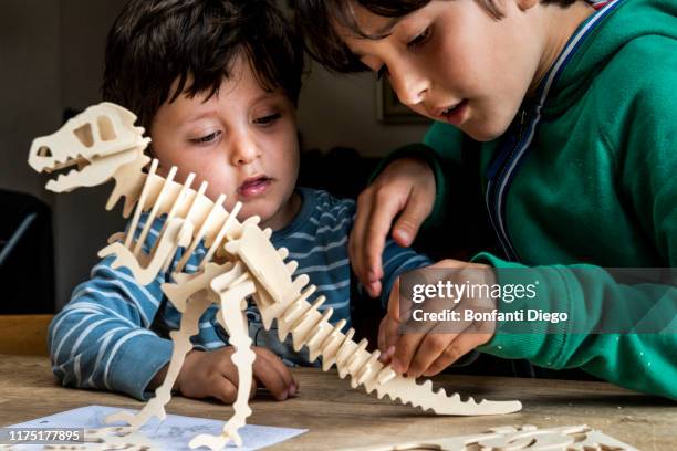 boy showing brother way to build wooden dinosaur - concentration game stock pictures, royalty-free photos & images