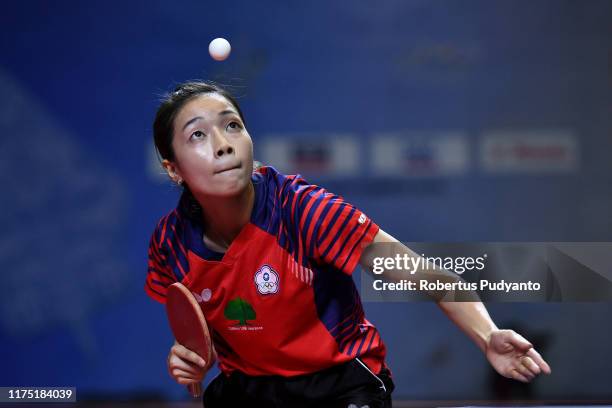 Liu Hsing Yin of Chinese Taipei competes against Hitomi Sato of Japan during day three of the ITTF-Asian Table Tennis Championships at Among Raga...