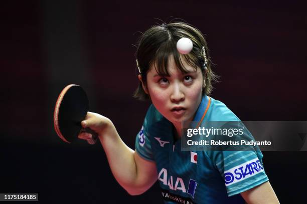 Miu Hirano of Japan competes against Chen Szu Yu of Chinese Taipei during day three of the ITTF-Asian Table Tennis Championships at Among Raga...