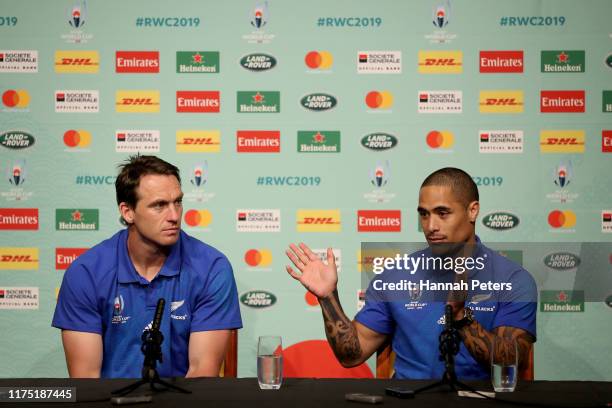 Ben Smith and Aaron Smith of the All Blacks speak to the media during a New Zealand All Blacks Rugby World Cup press conference on September 17, 2019...