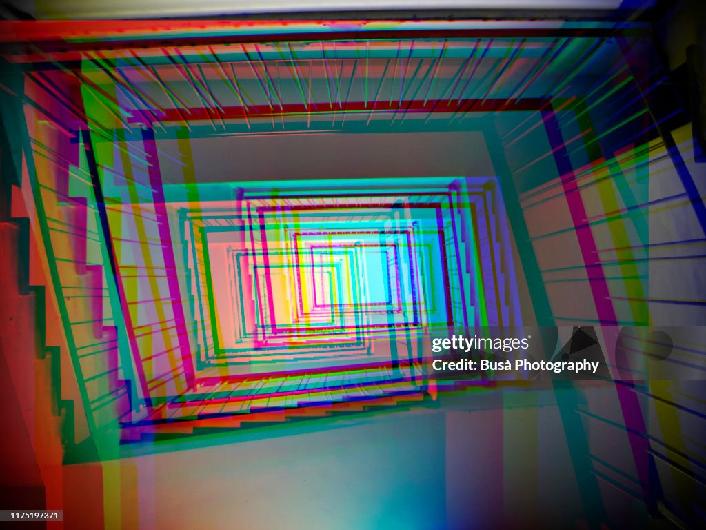 3D image of low angle perspective of a rectangular stairwell