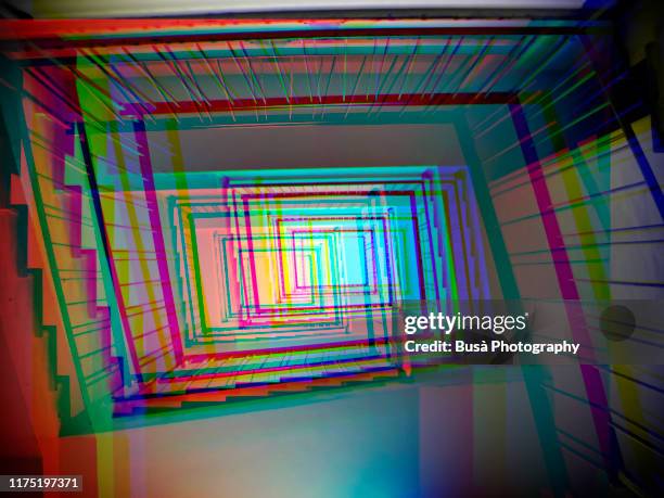 3d image of low angle perspective of a rectangular stairwell - vertigo stock pictures, royalty-free photos & images