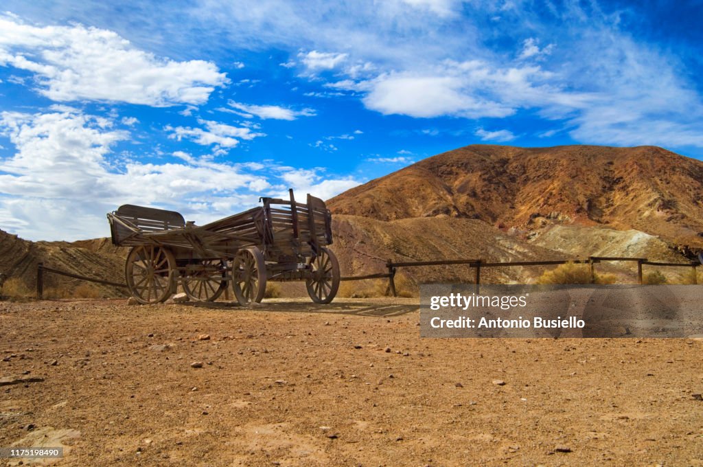 Close up of an old pioneer wooden wagon in Calico