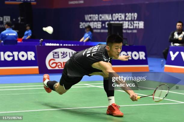 Chen Long of China competes in the Men's Singles first round match against Lee Zii Jia of Malaysia on day one of 2019 China Badminton Open at Olympic...