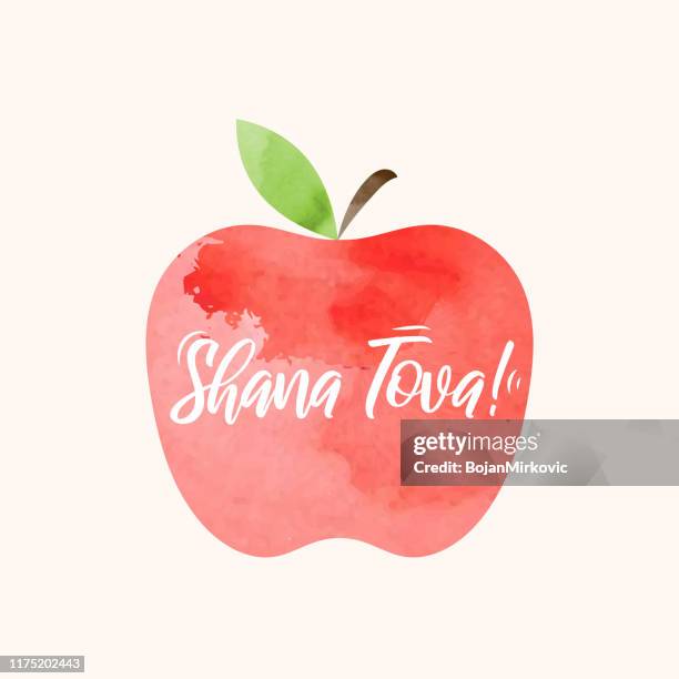 shana tova lettering on watercolor apple. rosh hashanah greeting card. jewish new year holiday. vector - rosh hashanah stock illustrations