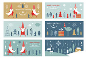 Set of horizontal Christmas or New Yer's banners, greeting cards, stylized Santa, trees, deers, winter landscape. Minimalist style.