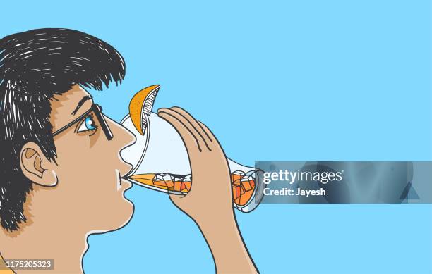 man drinking juice - orange drink stock illustrations