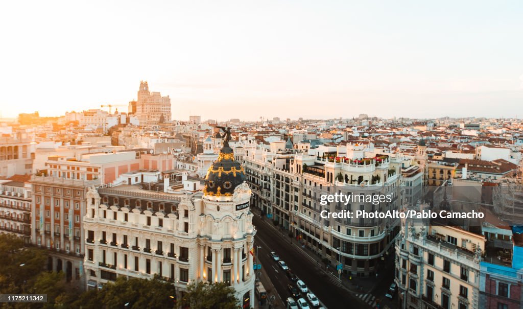 Cityscape of Madrid at sunset