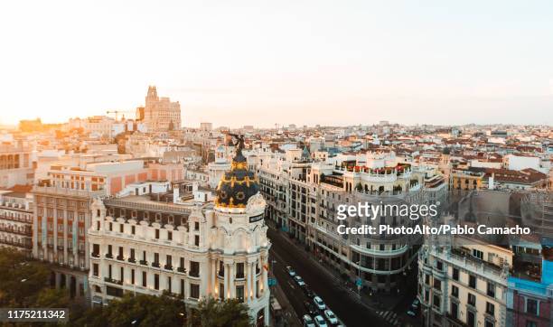 cityscape of madrid at sunset - gran vía madrid bildbanksfoton och bilder