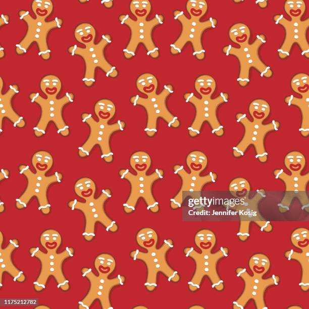 seamless gingerbread man cookie illustration pattern, red backgrround - frosting texture stock illustrations