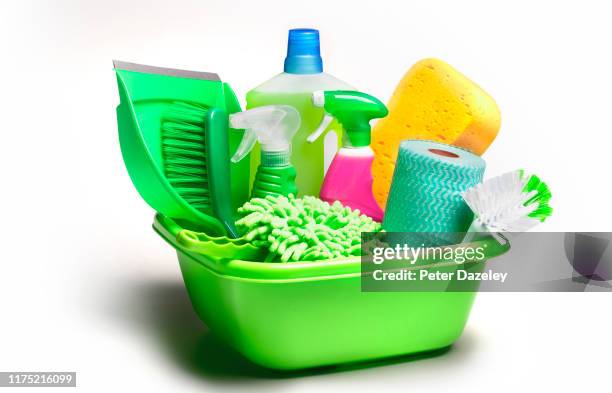 collection of cleaning utensils and products for spring clean - cleaning agent stock pictures, royalty-free photos & images