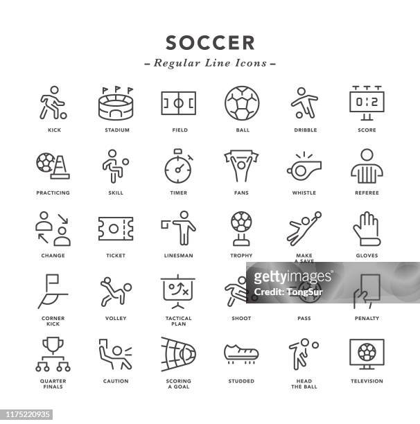ilustrações de stock, clip art, desenhos animados e ícones de soccer - regular line icons - rematar �� baliza