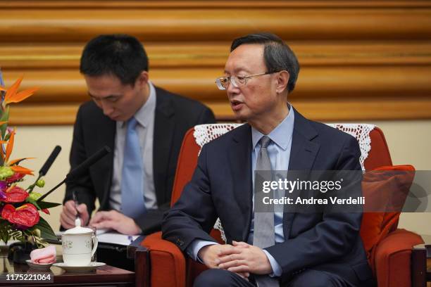 State Councilor Yang Jiechi talks to Minister of the Presidency of the Dominican Republic Gustavo Montalvo on September 17, 2019 in Zhongnanhai,...