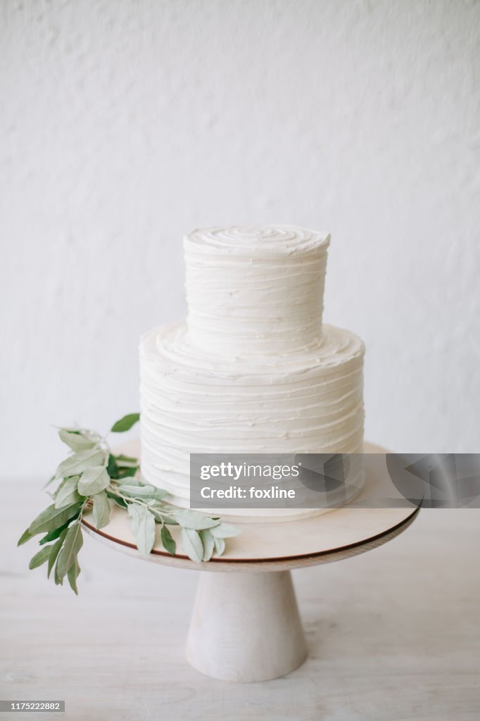 Simple two tiered wedding cake with icing and olive branch decoration