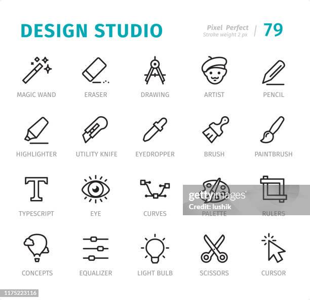 ilustrações de stock, clip art, desenhos animados e ícones de design studio - pixel perfect line icons with captions - borracha