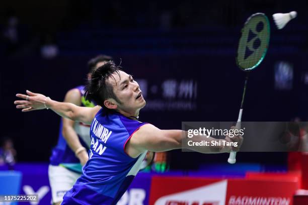 Takeshi Kamura and Keigo Sonoda of Japan compete in the Men's Doubles first round match against Goh Sze Fei and Nur Izzuddin of Malaysia on day one...