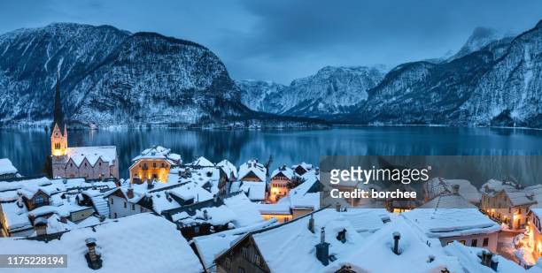 hallstatt panorama - village stock pictures, royalty-free photos & images