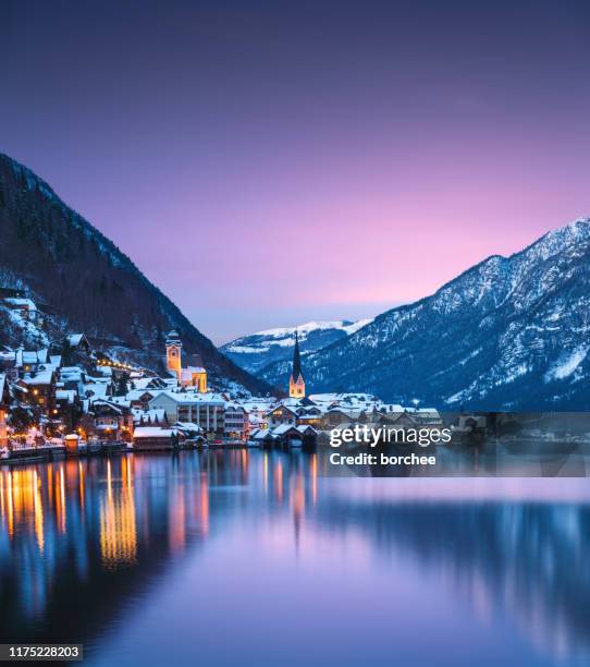 hallstatt at sunset - austria stock pictures, royalty-free photos & images