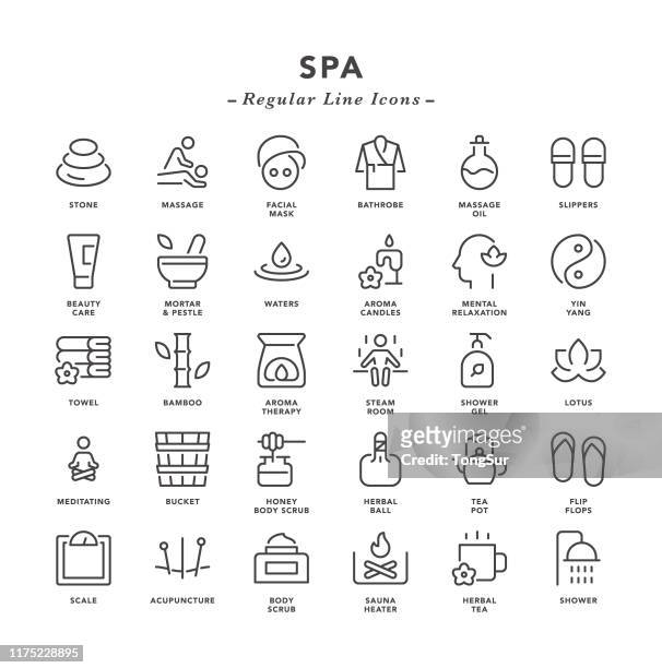 spa - reguläre liniensymbole - yin yoga stock-grafiken, -clipart, -cartoons und -symbole