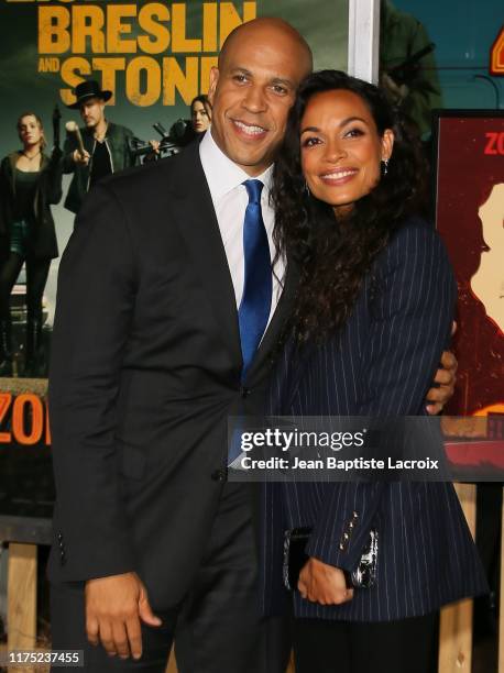 Rosario Dawson and Cory Booker attend the "Zombieland Double Tap" Sony Pictures Premiere at Regency Village Theatre on October 10, 2019 in Westwood,...