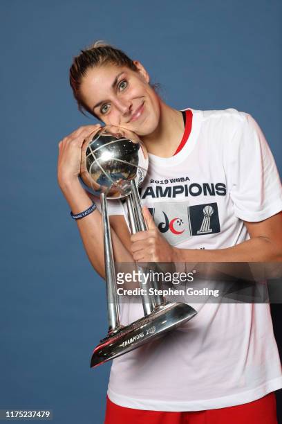 Elena Delle Donne of Washington Mystics smiles with the trophy after winning Game Five of the 2019 WNBA Finals on October 10, 2019 at the St....