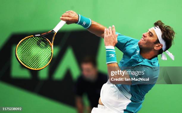 Malek Jaziri of Tunisia is seen in action in his second round match against Julian Ocleppo of Italy during day two of The Murray Trophy at Scotstoun...