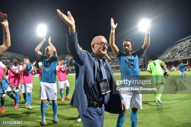 Oreste Vigorito Benevento president celebrates and players the victory during the Serie B match between Salernitana and Benevento Calcio at Stadio...