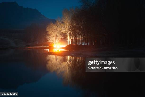 lake at night with the lights of the car - mystery car stock pictures, royalty-free photos & images